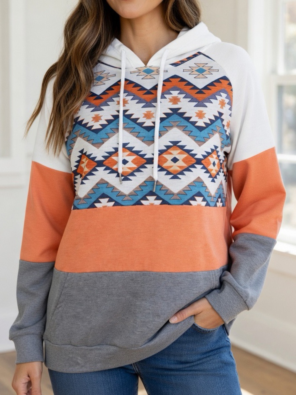 Aztec Western Colorblock Hoodie Small Orange Gray Southwest Tribal Boho Boutique